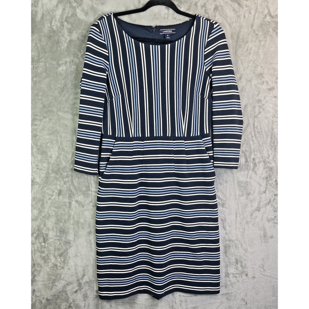 Lands End Dress Size 8 Blue White Stripe Pockets Zip Back Ribbed Knit EUC‎
